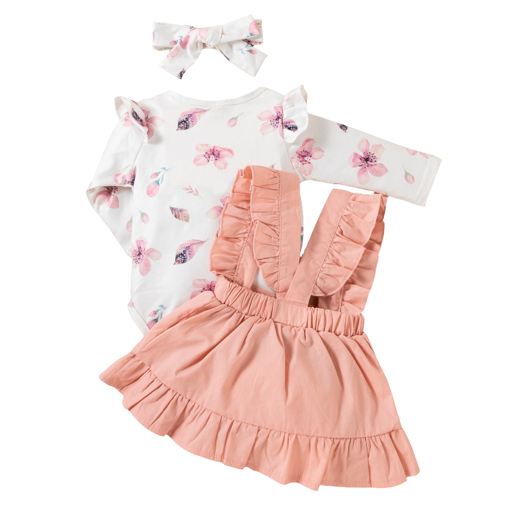Printed Long-Sleeved Girl Romper, Ruffled Dress Headdress & Bow Head Piece