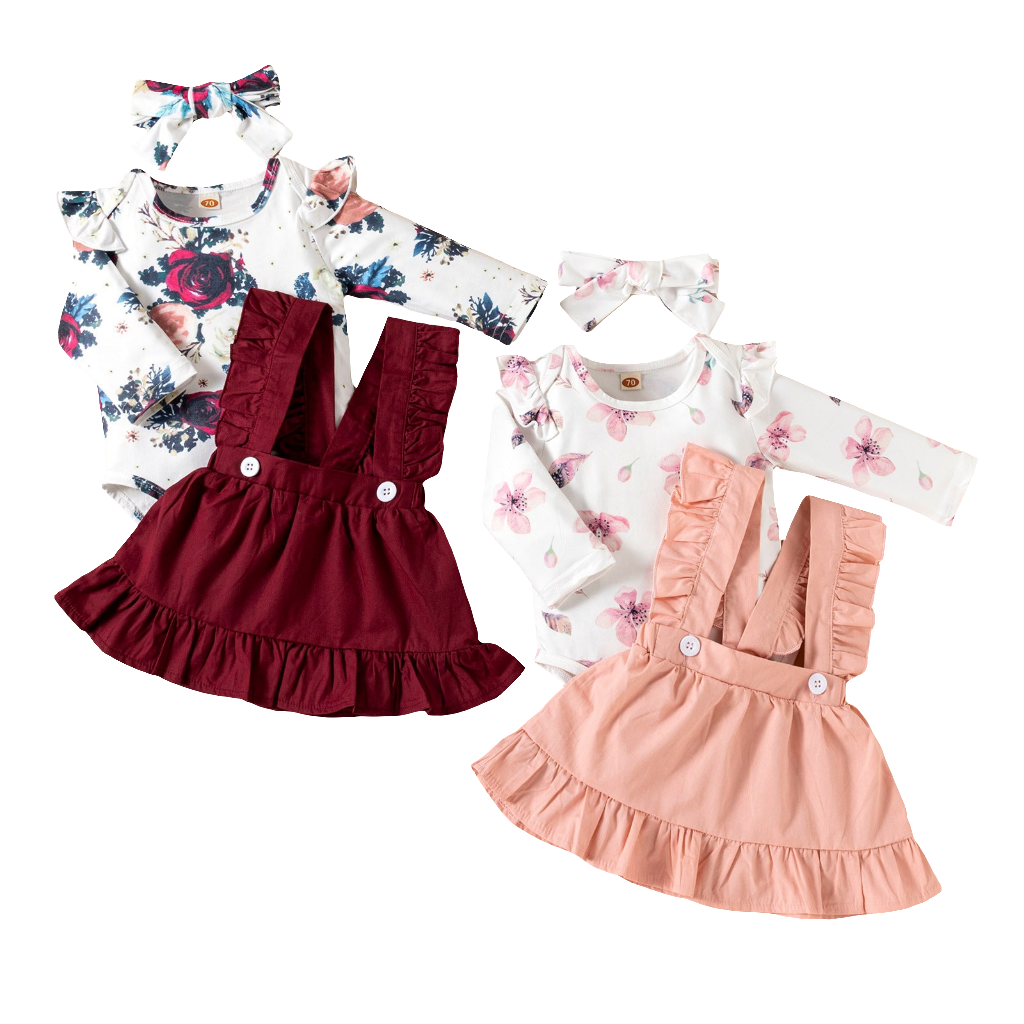 Printed Long-Sleeved Girl Romper, Ruffled Dress Headdress & Bow Head Piece