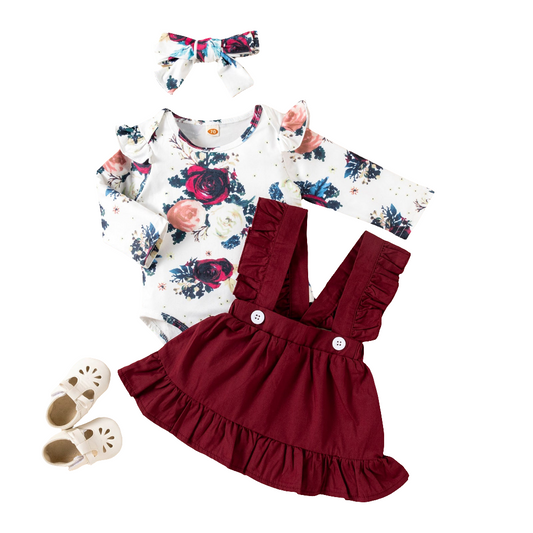 Printed Long-Sleeved Girl Romper, Ruffled Dress Headdress & Bow Head Piece